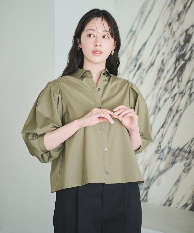 #Newans 【イージーケア】タックスリーブショート丈シャツ カーキ系