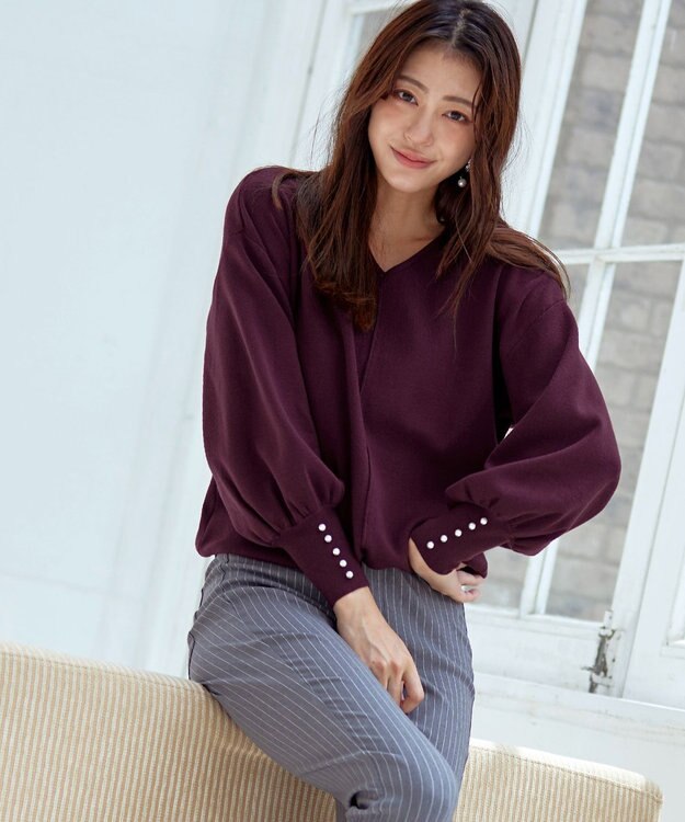 Tiaclasse 【洗える】2WAYパール釦ニットトップス ボルドー