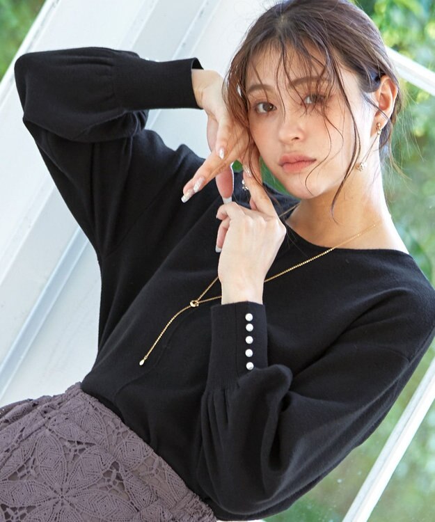 Tiaclasse 【洗える】2WAYパール釦ニットトップス ブラック