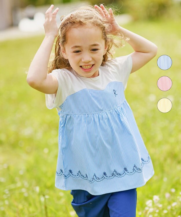 組曲 KIDS 【150-160cm】ビーチコーミングストライプ Tシャツ シーブルー系1