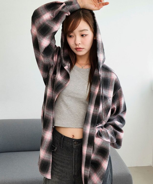 WEGO 【25年秋冬新作】チェックフードBIGネルシャツ ピンク