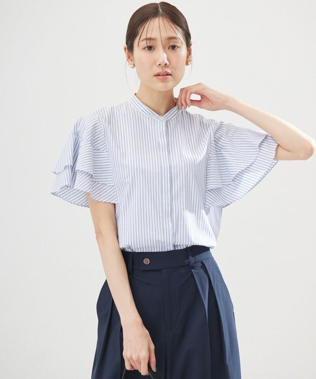 組曲 L コットンレーヨンシャーティング ブラウス ブルーストライプ系1