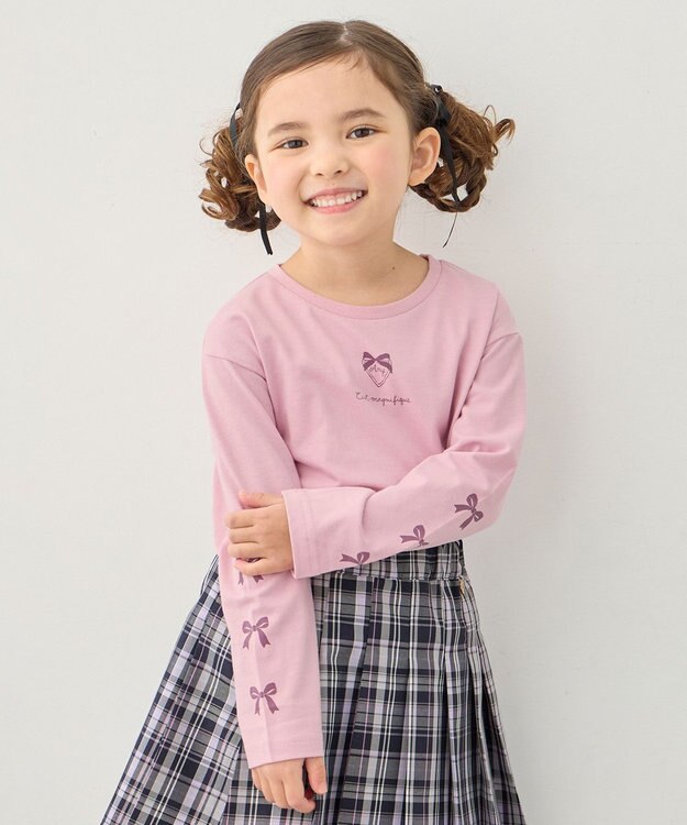 ANY KIDS 【一部店舗/WEB限定】【綿100%】プリント 長袖Tシャツ ピンク×リボン