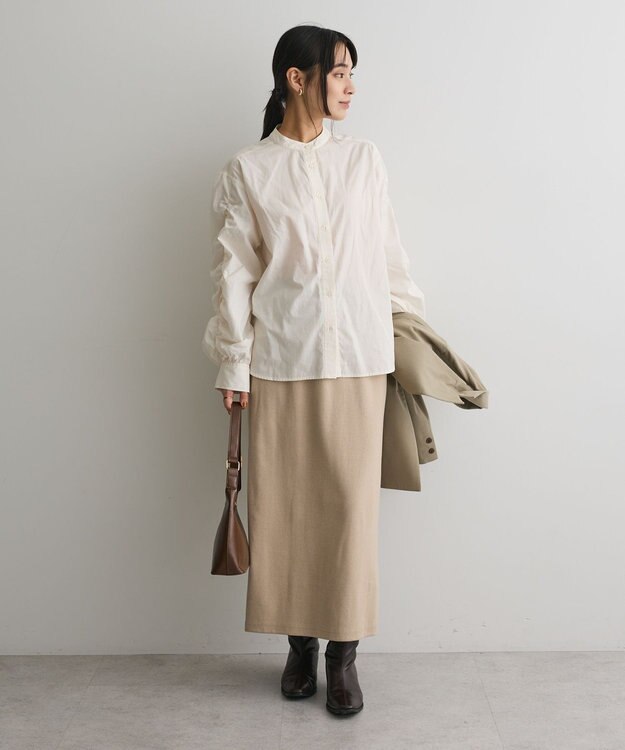CRAFT STANDARD BOUTIQUE 袖シャーリングバンドカラーシャツ Off White