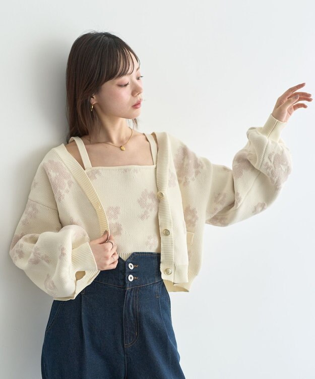 earth music&ecology SET2点フラワージャガードカーデ+ビスチェ Ivory