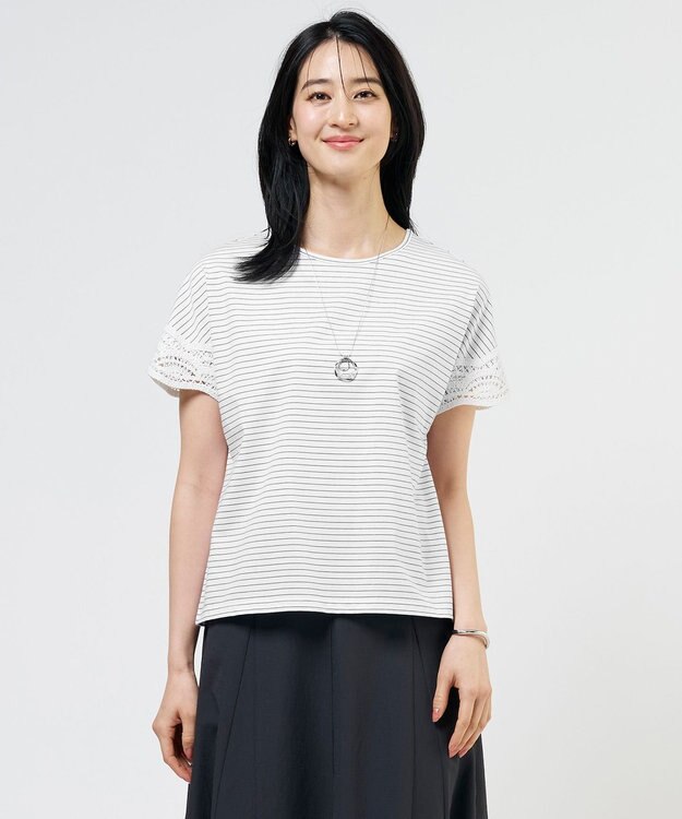 J.PRESS LADIES S 【一枚で着映え・シーンレスに活躍】コットンスムース レースデザイン カットソー オフ×ネイビー系1
