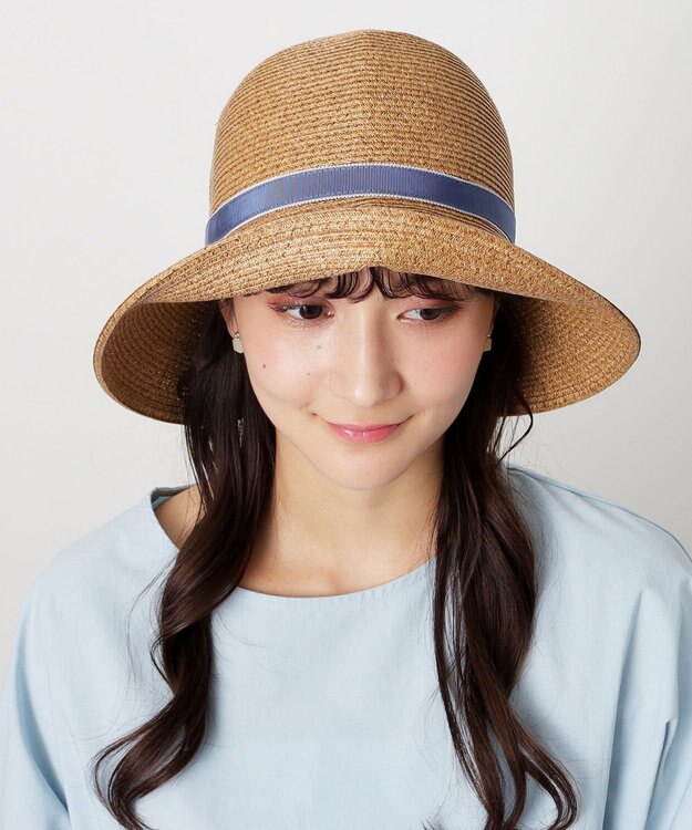 MOONBAT 【洗える】FURLA(フルラ)  ロゴ刺繍リボン 天然ハット ネイビーブルー