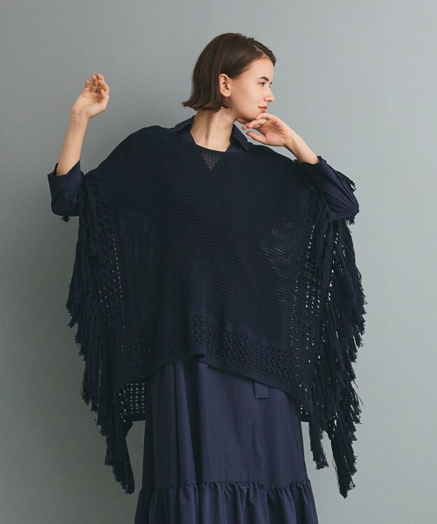 GRACE CONTINENTAL ニットフリンジケープ ネイビー