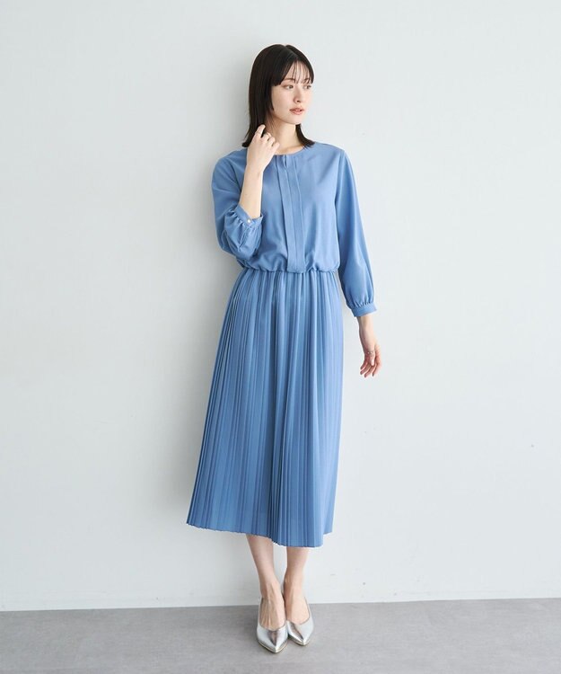 YECCA VECCA ジョーゼットプリーツワンピース Blue