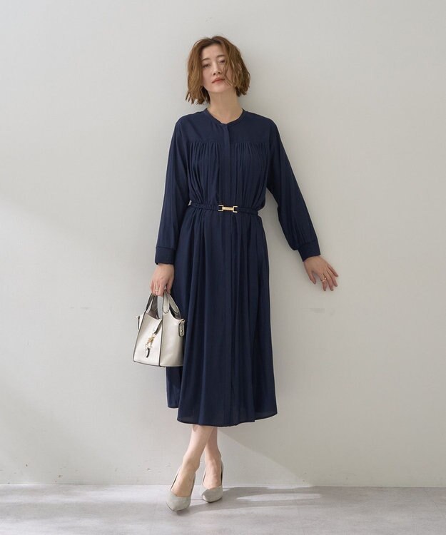 YECCA VECCA ベルト付きギャザーワンピース Navy