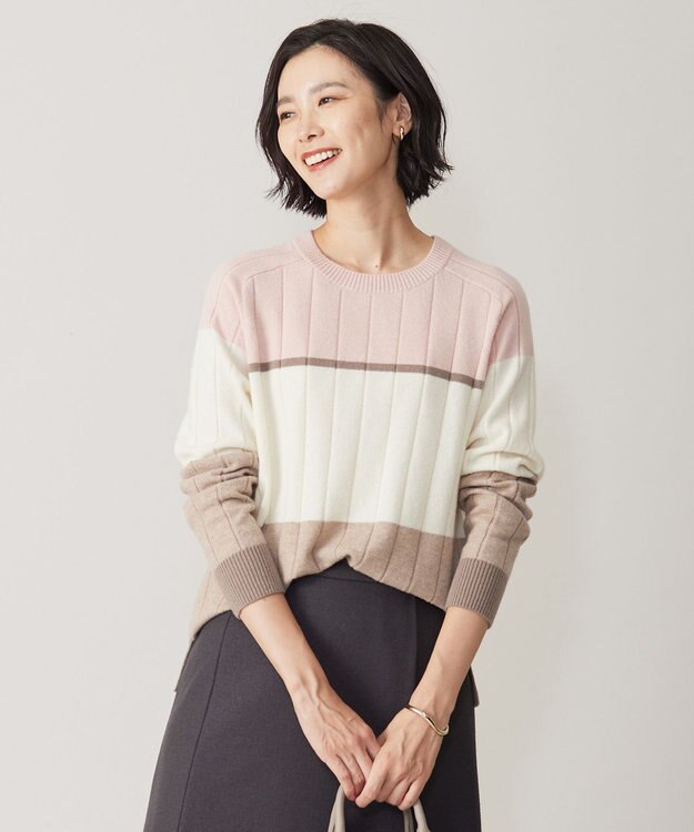 J.PRESS LADIES 【洗える】WOOL BLEND AIR カラーブロック ニット ピンク系1
