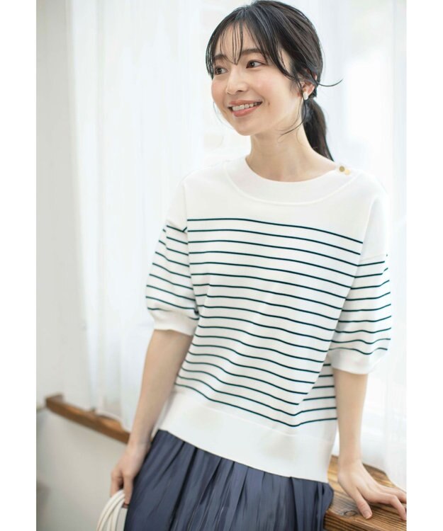 ANY SIS 【接触冷感・UVケア】フロント切替 プルオーバー オフ×ネイビーボーダー