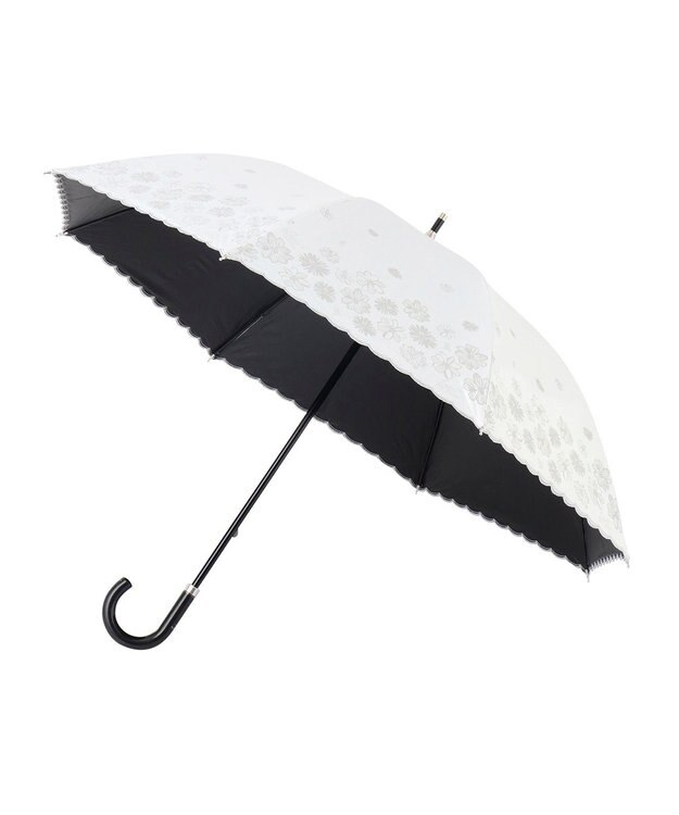 MOONBAT ランバン オン ブルー 晴雨兼用日傘 長傘 フラワー×スカラ刺繍 遮光 遮熱 UV オフホワイト