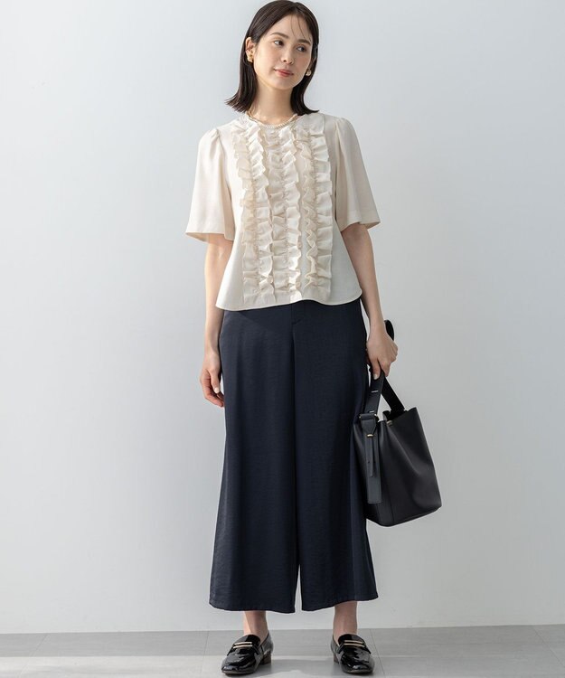 組曲 L グロッシーツイルワイドフレア パンツ ネイビー系