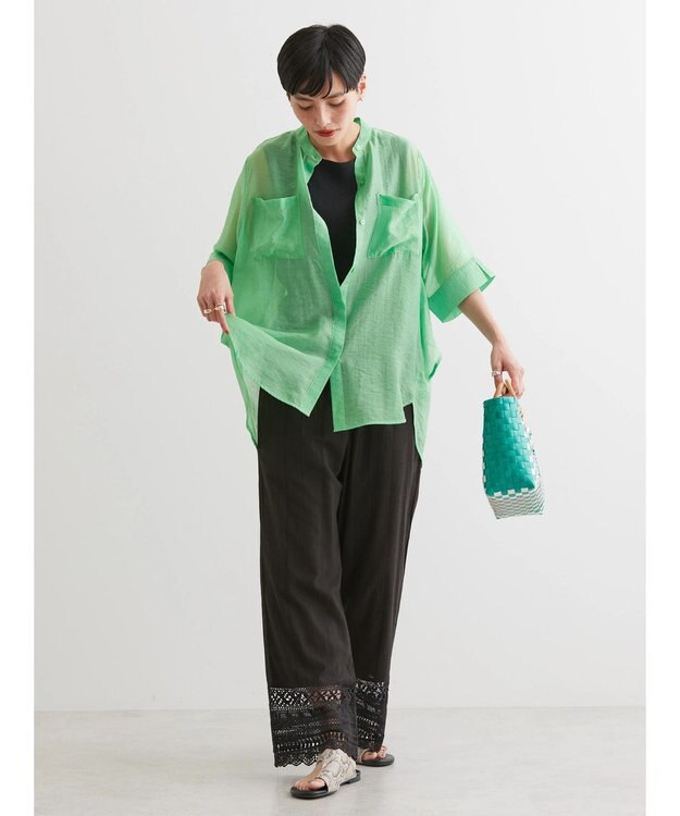 AMERICAN HOLIC シアーバックフレアＷポケットシャツチュニック Green