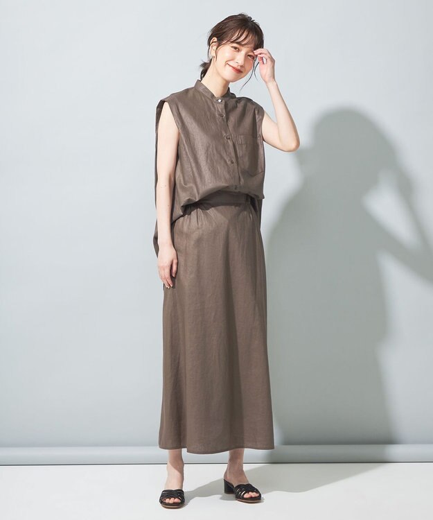 SHARE PARK LADIES 【洗える】リネンレーヨンコーティングウォッシュスカート チャコール