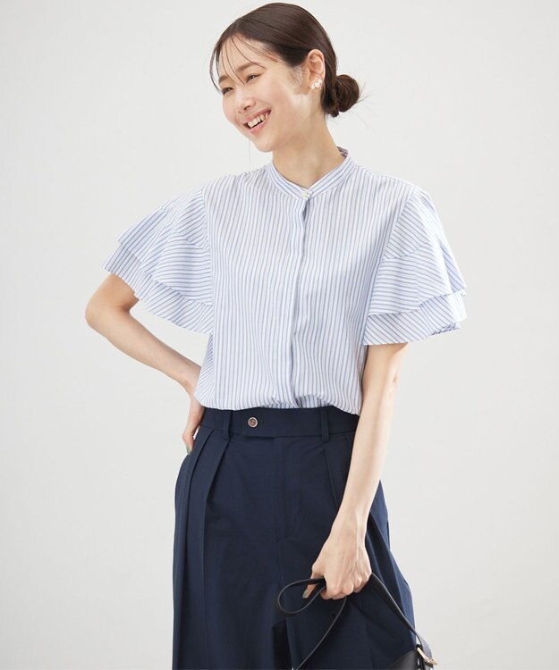 組曲 コットンレーヨンシャーティング ブラウス ブルーストライプ系1