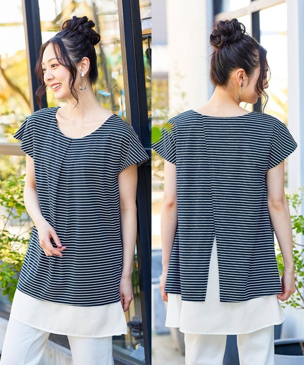 Tiaclasse 【洗える】 異素材を組み合わせたバックシャンカットチュニックブラウス ネイビーボーダー