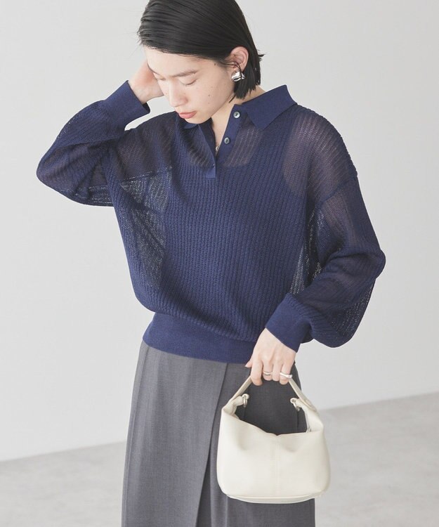 AMERICAN HOLIC メタルライクニットポロ Navy