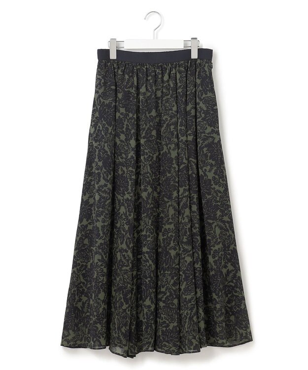 23区 【洗える】ボタニカルプリント フレア スカート カーキ×ネイビープリント
