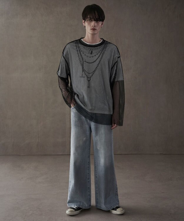 WEGO シルバープリントバギーフレアデニム デニム淡色