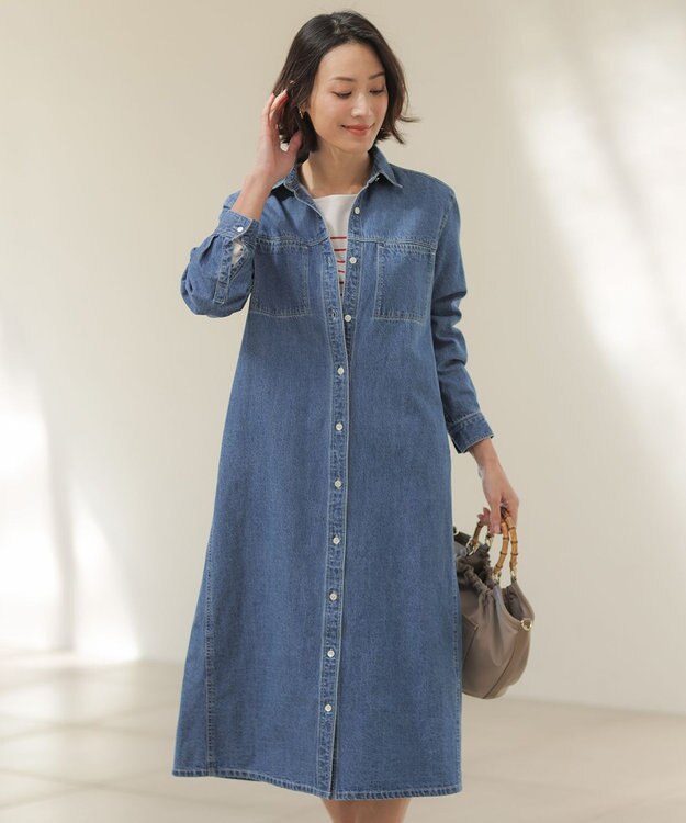 J.PRESS LADIES L コットンリネン 7oz デニム シャツ ワンピース ユーズド系