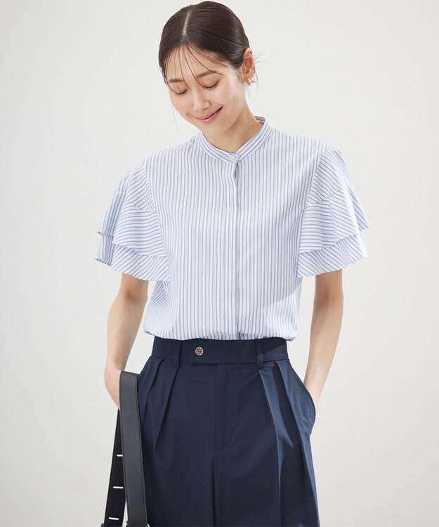 組曲 コットンレーヨンシャーティング ブラウス ブルーストライプ系1
