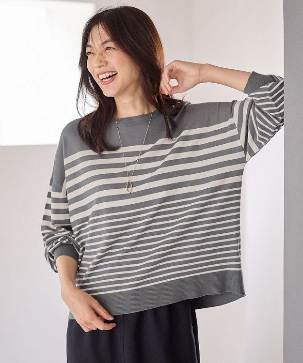 ANY 【洗濯機可】ボーダーニット グレー×オフ