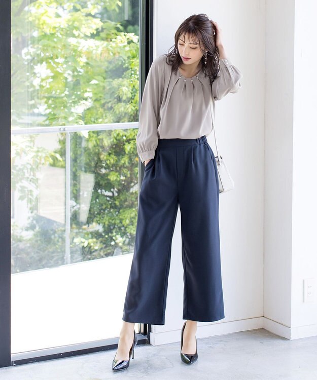 Tiaclasse L 【洗える】大人上品なタックパールブラウス グレージュ