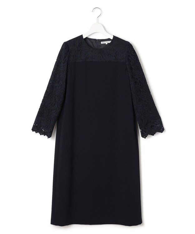 23区 【洗える】トリアセダブルジョーゼット レース切り替え ワンピース ネイビー系