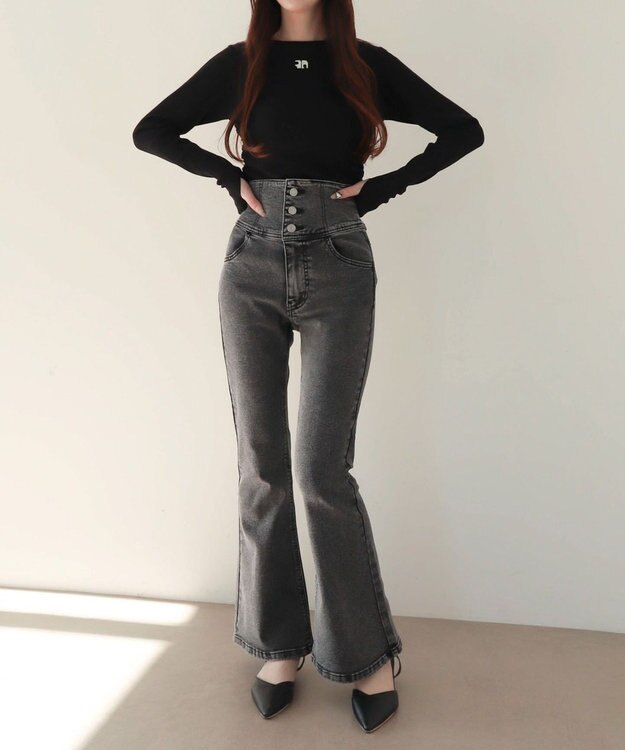 WEGO 【ストレッチ/美脚/脚長シルエット/XSSMサイズ展開】ハイウエストストレッチフレアデニムパンツ ブラックその他