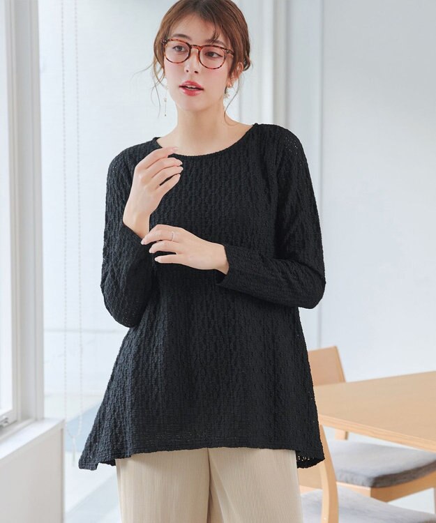 Tiaclasse L 花柄カットレースフレアトップス ブラック