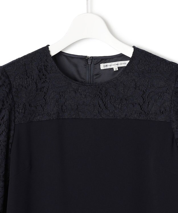 23区 【洗える】トリアセダブルジョーゼット レース切り替え ワンピース ネイビー系