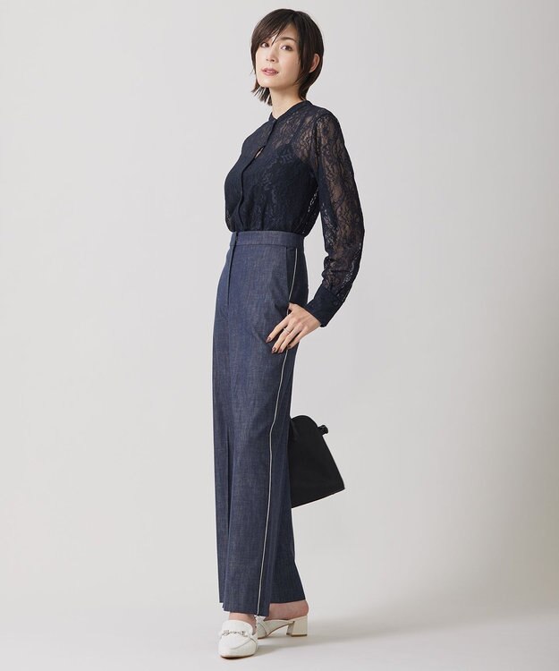 ICB 【洗える】ナイロンラッセルレース バンドカラーシャツ ネイビー系