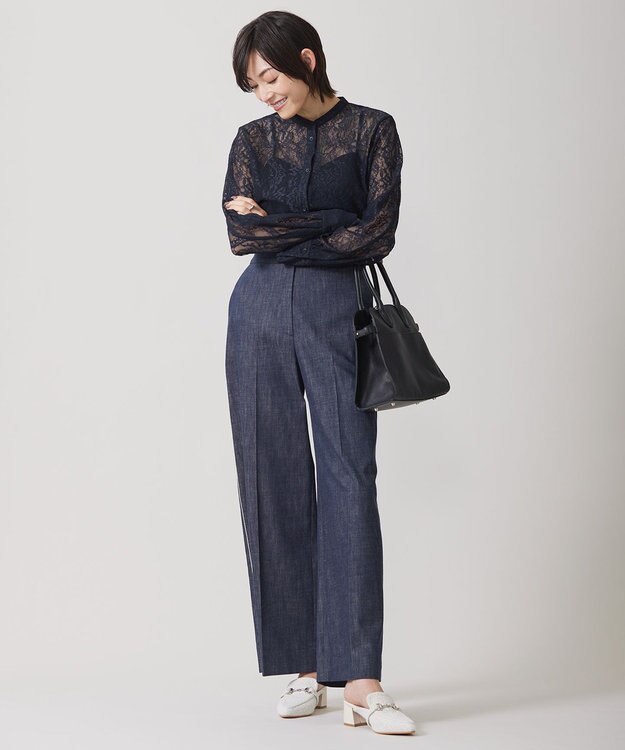 ICB 【洗える】ナイロンラッセルレース バンドカラーシャツ ネイビー系