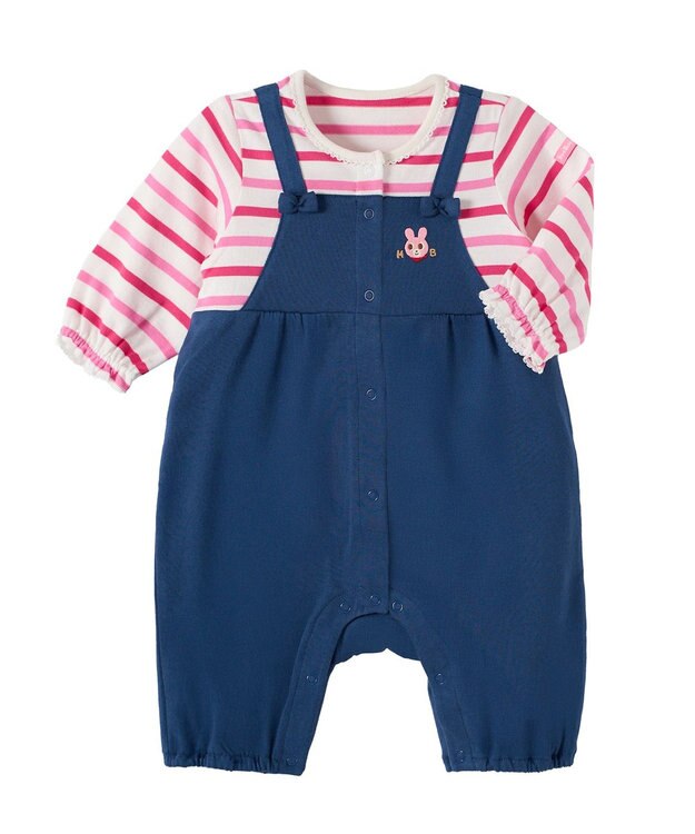 MIKI HOUSE HOT BISCUITS 【70-80cm】オーバーオール重ね着風 7分丈カバーオール 紺