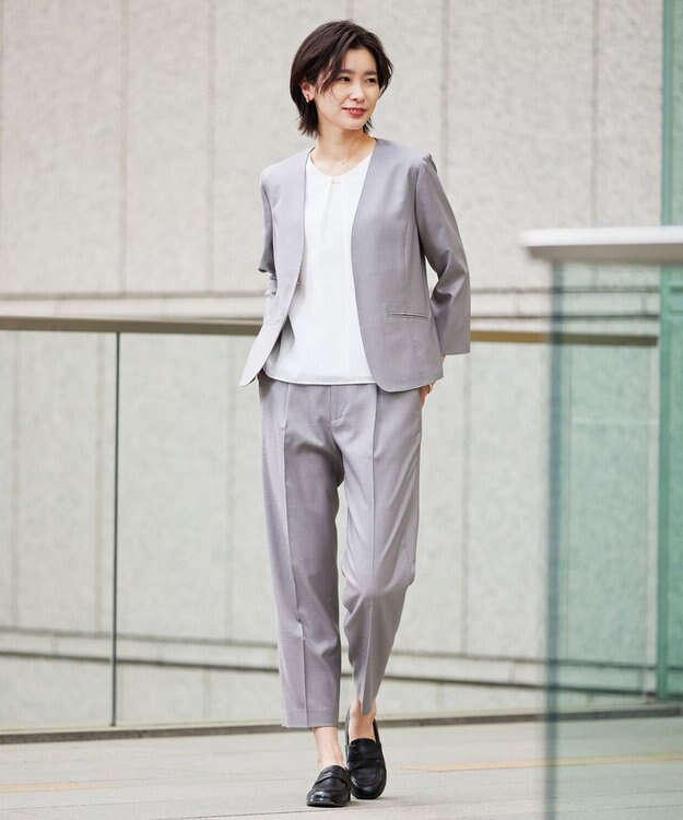 J.PRESS LADIES 【セットアップ対応・洗える・UVケア・速乾】 OXIJEWELストレッチ ノーカラー ジャケット ライトグレー系