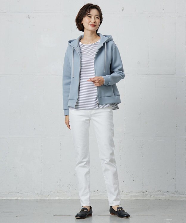 J.PRESS LADIES ベーシックジャージーシャツテール ボーダー カットソー オフ×ネイビー系