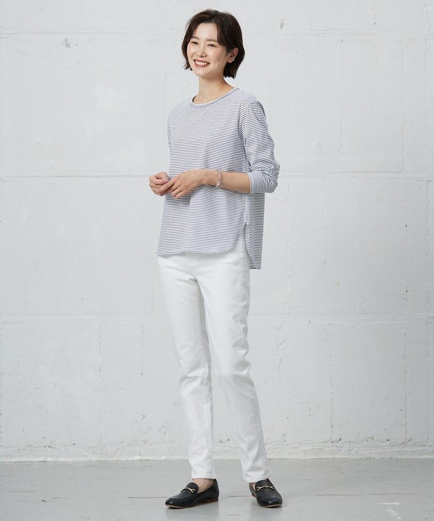 J.PRESS LADIES ベーシックジャージーシャツテール ボーダー カットソー オフ×ネイビー系