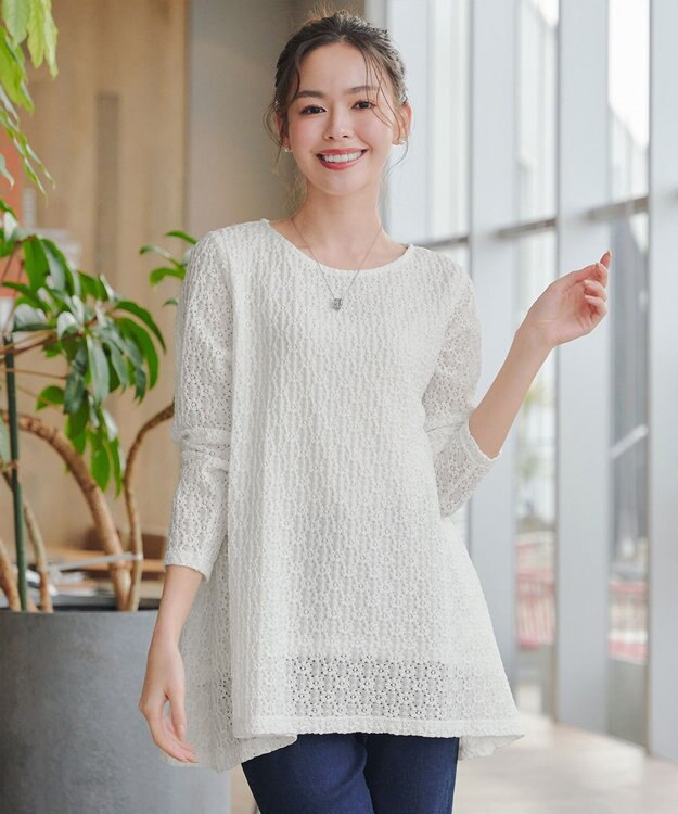 Tiaclasse L 花柄カットレースフレアトップス オフホワイト