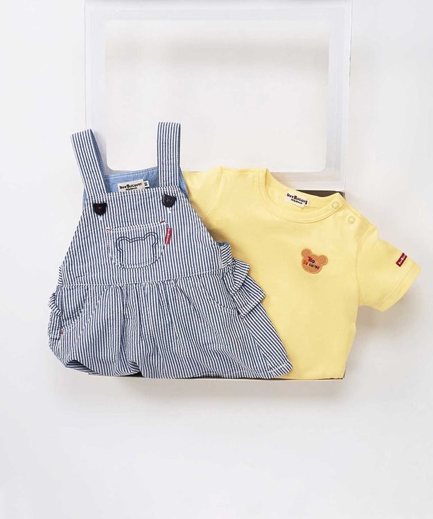MIKI HOUSE HOT BISCUITS ストライプ柄 ジャンパースカート＆ワンポイント半袖Tシャツギフトセット【BOX付き】 黄