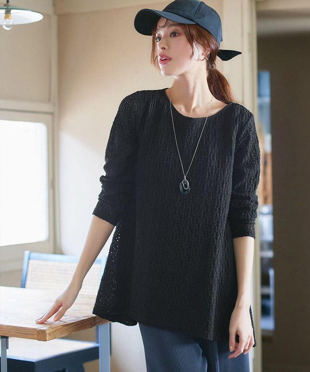 Tiaclasse L 花柄カットレースフレアトップス ブラック