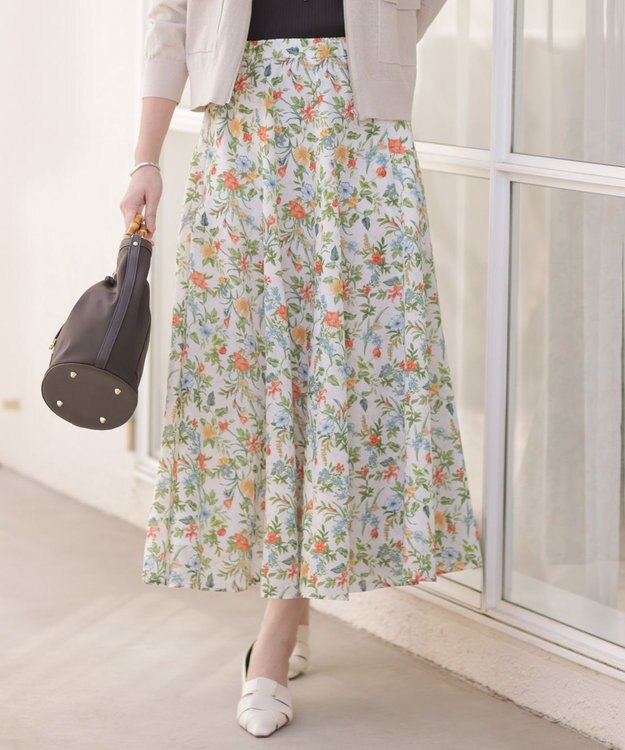 J.PRESS LADIES S スパンボタニカル プリント ロング フレア スカート オフ系