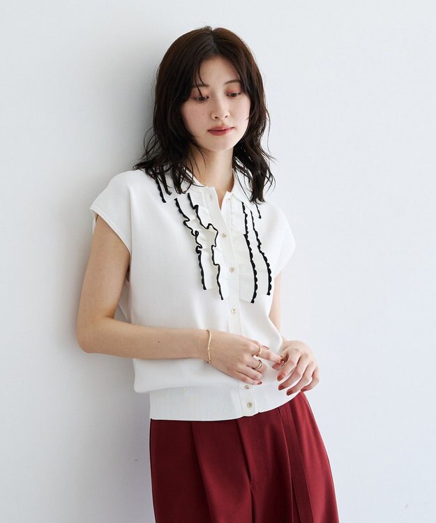 YECCA VECCA 配色フリルカーディガン Off White