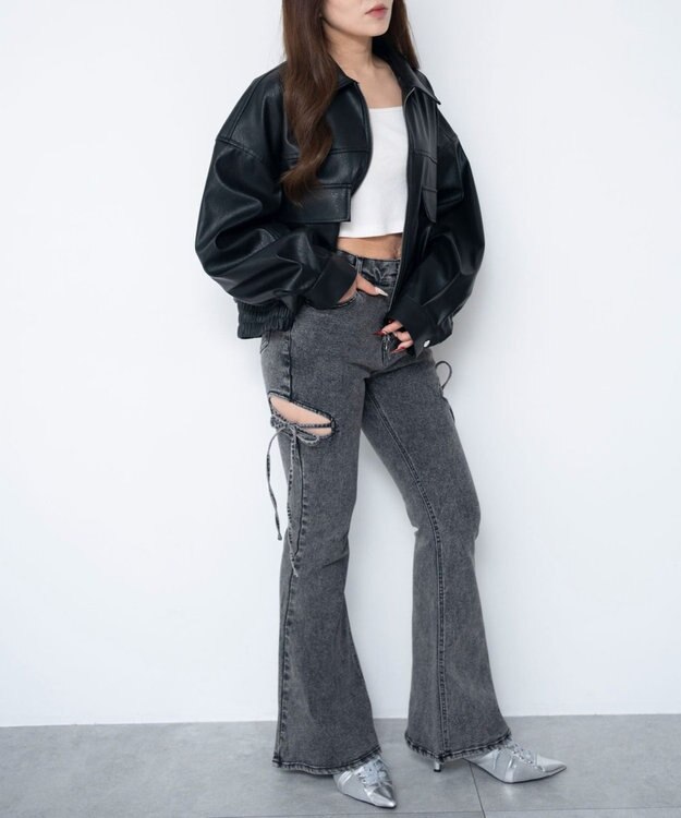 WEGO 【SMサイズ展開/伸びる】カットアウトリボンストレッチフレアデニムパンツ ブラックその他