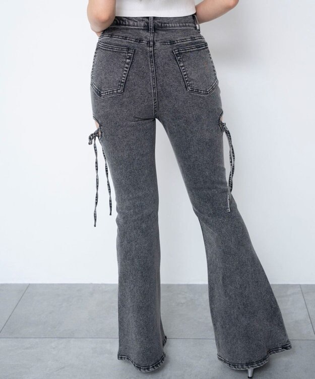 WEGO 【SMサイズ展開/伸びる】カットアウトリボンストレッチフレアデニムパンツ ブラックその他