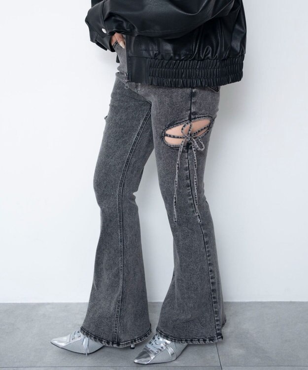 WEGO 【SMサイズ展開/伸びる】カットアウトリボンストレッチフレアデニムパンツ ブラックその他