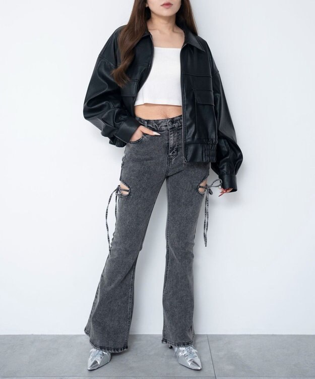 WEGO 【SMサイズ展開/伸びる】カットアウトリボンストレッチフレアデニムパンツ ブラックその他