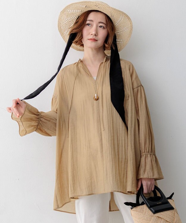 23区 【先行予約】リネンミックスシアースラブ ギャザーブラウス ベージュ系