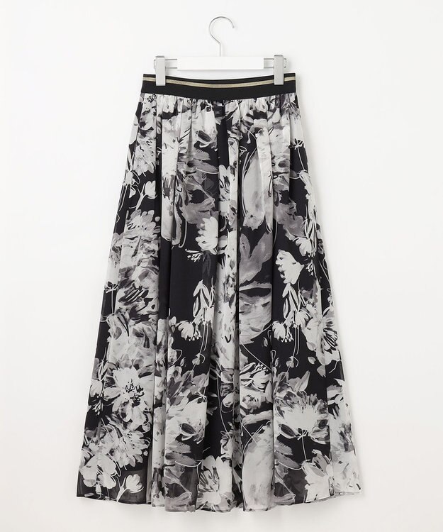 自由区 S 【ウエストゴム・洗える】ピオニーフローラルプリント  スカート モノトーン